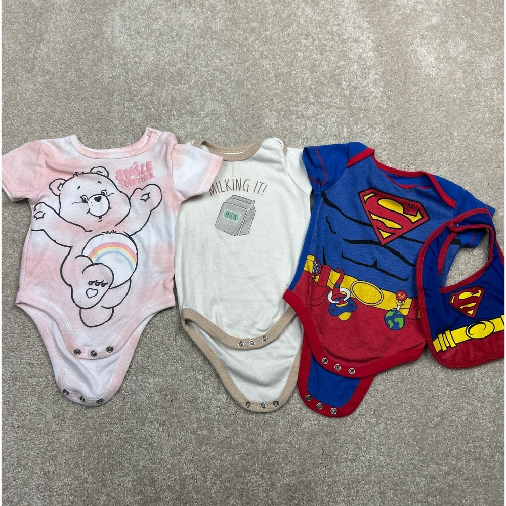 Care Bears Superman Graphic Bodysuit Lot 0-3M Pink Blue Superhero Cartoon Kawaii